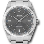 Rolex Steel Oyster Perpetual 39 Watch – Domed Bezel – Dark Rhodium Index Dial – 114300