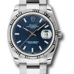 Rolex Date 34 Watch – Fluted Bezel – Blue Index Dial – 115234