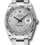 Rolex Date 34 Watch – Fluted Bezel – Silver Five Diamond Dial – 115234
