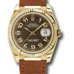 Rolex Yellow Gold Datejust 36 Watch – Fluted Bezel – Brown Arabic Dial – Brown Leather – 116138