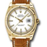 Rolex Yellow Gold Datejust 36 Watch – Fluted Bezel – White Index Dial – Brown Leather – 116138