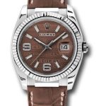 Rolex White Gold Datejust 36 Watch – Fluted Bezel – Brown Wave Diamond 6 And 9 Arabic Dial – Brown Leather – 116139 brwdab