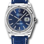 Rolex White Gold Datejust 36 Watch – Fluted Bezel – Blue Index Dial – Blue Leather – 116139