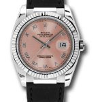 Rolex White Gold Datejust 36 Watch – Fluted Bezel – Pink Roman Dial – Black Leather – 116139
