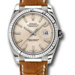 Rolex White Gold Datejust 36 Watch – Fluted Bezel – Pink Index Dial – Brown Leather – 116139