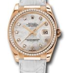 Rolex Pink Gold Datejust 36 Watch – 60 Diamond Bezel – Mother-Of-Pearl Diamond Dial – White Leather – 116185
