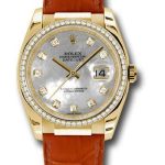 Rolex Yellow Gold Datejust 36 Watch – 60 Diamond Bezel – Mother-Of-Pearl Diamond Dial – Leather – 116188