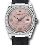 Rolex White Gold Datejust 36 Watch – 60 Diamond Bezel – Pink Wave Diamond 6 And 9 Arabic Dial – Leather – 116189 pwdal
