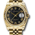 Rolex Yellow Gold Datejust 36 Watch – Fluted Bezel – Black Jubilee Roman Dial – Jubilee Bracelet – 116238 bkjrj