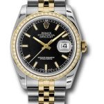 Rolex Steel and Yellow Gold Rolesor Datejust 36 Watch – 52 Brilliant-Cut Diamond Bezel – Black Index Dial – Jubilee Bracelet – 116243