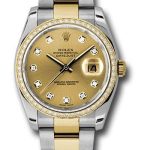 Rolex Steel and Yellow Gold Rolesor Datejust 36 Watch – 52 Diamond Bezel – Champagne Diamond Dial – Oyster Bracelet – 116243