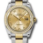 Rolex Steel and Yellow Gold Rolesor Datejust 36 Watch – 52 Diamond Bezel – Champagne Roman Dial – Oyster Bracelet – 116243