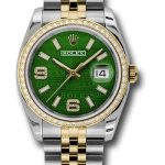 Rolex Steel and Yellow Gold Rolesor Datejust 36 Watch – 52 Brilliant-Cut Diamond Bezel – Green Wave Diamond Arabic 6 And 9 Dial – Jubilee Bracelet – 116243 gwdaj