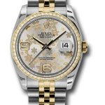 Rolex Steel and Yellow Gold Rolesor Datejust 36 Watch – 52 Brilliant-Cut Diamond Bezel – Silver Floral Arabic Dial – Jubilee Bracelet – 116243