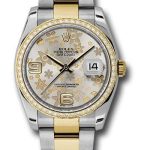 Rolex Steel and Yellow Gold Rolesor Datejust 36 Watch – 52 Diamond Bezel – Silver Floral Arabic Dial – Oyster Bracelet – 116243