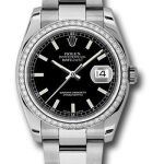Rolex Steel and White Gold Datejust 36 Watch – 52 Diamond Bezel – Black Index Dial – Oyster Bracelet – 116244