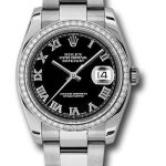 Rolex Steel and White Gold Datejust 36 Watch – 52 Diamond Bezel – Black Roman Dial – Oyster Bracelet – 116244