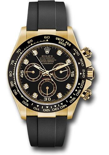 Rolex Yellow Gold Cosmograph Daytona 40 Watch – Black Diamond Dial – Black Oysterflex Strap – 116518LN bkdof