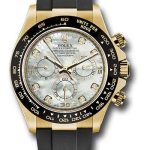 Rolex Yellow Gold Cosmograph Daytona 40 Watch – White Mother-Of-Pearl Diamond Dial – Black Oysterflex Strap – 116518LN
