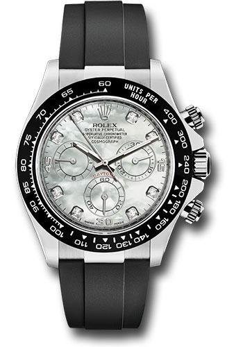 Rolex White Gold Cosmograph Daytona 40 Watch – Mother-of-Pearl Diamond Dial – Black Oysterflex Strap – 116519LN