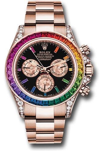 Rolex Everose Cosmograph Daytona 40 Watch – 36 Baguette-Cut Sapphires In Rainbow Graduation Bezel – Black Rainbow Sapphire Dial – 116595RBOW bkgcs