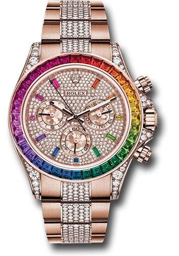 Rolex Everose Cosmograph Daytona 40 Watch – 36 Baguette-Cut Sapphires In Rainbow Graduation Bezel – Diamond Paved Rainbow Sapphire Dial – Diamond Bracelet – 116595RBOW dpgcs