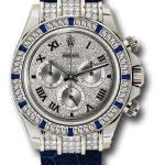 Rolex White Gold Cosmograph Daytona 40 Watch – Pave Diamond Enamel Roman Dial – Blue Leather Strap – 116599-12 SA