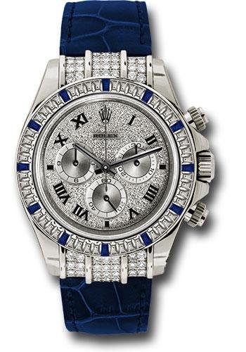 Rolex White Gold Cosmograph Daytona 40 Watch – Pave Diamond Enamel Roman Dial – Blue Leather Strap – 116599-12 SA