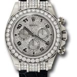 Rolex White Gold Cosmograph Daytona 40 Watch – Pave Diamond Enamel Arabic Dial – Black Leather Strap – 116599RBR