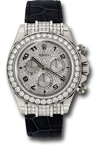 Rolex White Gold Cosmograph Daytona 40 Watch – Pave Diamond Enamel Arabic Dial – Black Leather Strap – 116599RBR