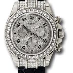 Rolex White Gold Cosmograph Daytona 40 Watch – Pave Diamond Enamel Arabic Dial – Black Leather Strap – 116599TBR