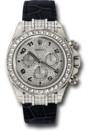 Rolex White Gold Cosmograph Daytona 40 Watch – Pave Diamond Enamel Arabic Dial – Black Leather Strap – 116599TBR