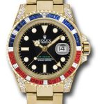 Rolex Yellow Gold GMT-Master II 40 Watch – Sapphire Ruby Diamond Bezel – Black Dial – Oyster Bracelet – 116758SARU