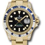 Rolex Yellow Gold GMT-Master II 40 Watch – Diamond And Blue Sapphire Bezel – Black Dial – Oyster Bracelet – 116758SA