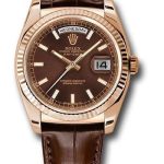 Rolex Everose Gold Day-Date 36 Watch – Fluted Bezel – Chocolate Index Dial – Brown Leather – 118135