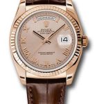 Rolex Everose Gold Day-Date 36 Watch – Fluted Bezel – Pink Roman Dial – Brown Leather – 118135