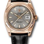 Rolex Everose Gold Day-Date 36 Watch – Fluted Bezel – Rhodium Index Dial – Black Leather – 118135