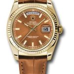 Rolex Yellow Gold Day-Date 36 Watch – Fluted Bezel – Cognac Index Dial – Cognac Leather – 118138