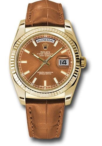 Rolex Yellow Gold Day-Date 36 Watch – Fluted Bezel – Cognac Index Dial – Cognac Leather – 118138