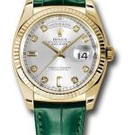 Rolex Yellow Gold Day-Date 36 Watch – Fluted Bezel – Silver Diamond Dial – Green Leather – 118138
