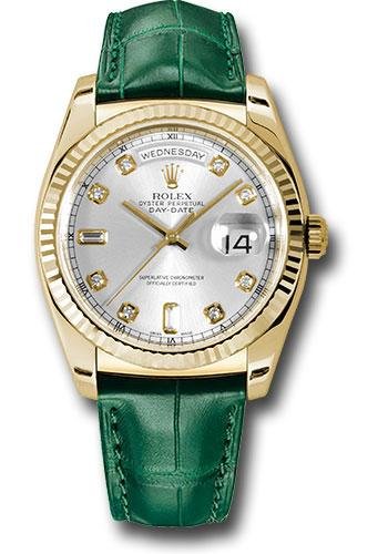 Rolex Yellow Gold Day-Date 36 Watch – Fluted Bezel – Silver Diamond Dial – Green Leather – 118138