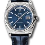 Rolex White Gold Day-Date 36 Watch – Fluted Bezel – Blue Index Dial – Blue Leather – 118139