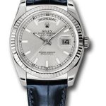 Rolex White Gold Day-Date 36 Watch – Fluted Bezel – Silver Index Dial – Blue Leather – 118139