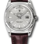 Rolex White Gold Day-Date 36 Watch – Fluted Bezel – Silver Index Dial – Brown Leather – 118139