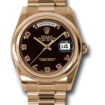Rolex Pink Gold Day-Date 36 Watch – Domed Bezel – Black Arabic Dial – President Bracelet – 118205