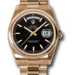 Rolex Pink Gold Day-Date 36 Watch – Domed Bezel – Black Index Dial – President Bracelet – 118205