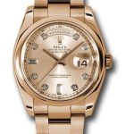 Rolex Pink Gold Day-Date 36 Watch – Domed Bezel – Pink Champagne Diamond Dial – Oyster Bracelet – 118205