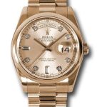 Rolex Pink Gold Day-Date 36 Watch – Domed Bezel – Pink Champagne Diamond Dial – President Bracelet – 118205