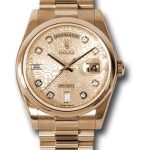 Rolex Pink Gold Day-Date 36 Watch – Domed Bezel – Pink Champagne Jubilee Diamond Dial – President Bracelet – 118205 chjdp