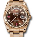 Rolex Everose Gold Day-Date 36 Watch – Domed Bezel – Chocolate Diamond And Ruby Dial – Oyster Bracelet – 118205 chodro